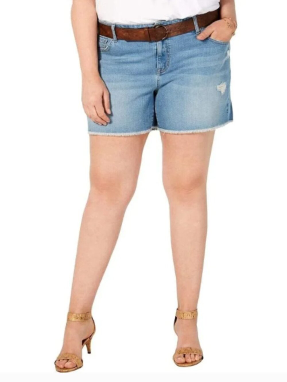 Style & Co Women’s Distressed Denim Shorts in Blue with Brown Belt